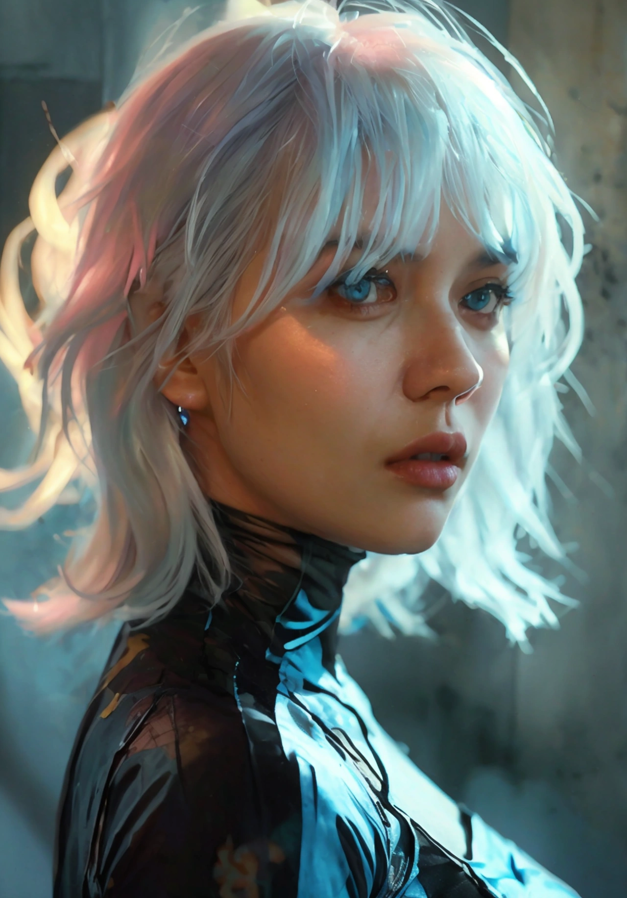 A woman with pastel white hair, black eyes, wearing BLUE ninja clothes, perfect anatomy, realistic, best composition, cinematic lighting, highly detailed, photorealistic, 8k, masterpiece, elegant, graceful, powerful, dynamic pose, moody atmosphere, dramatic shadows, MUTED colors, chiaroscuro, cinematic composition, mesmerizing gaze, striking portrait, SIMPLE BACKGROUND, BOKEH