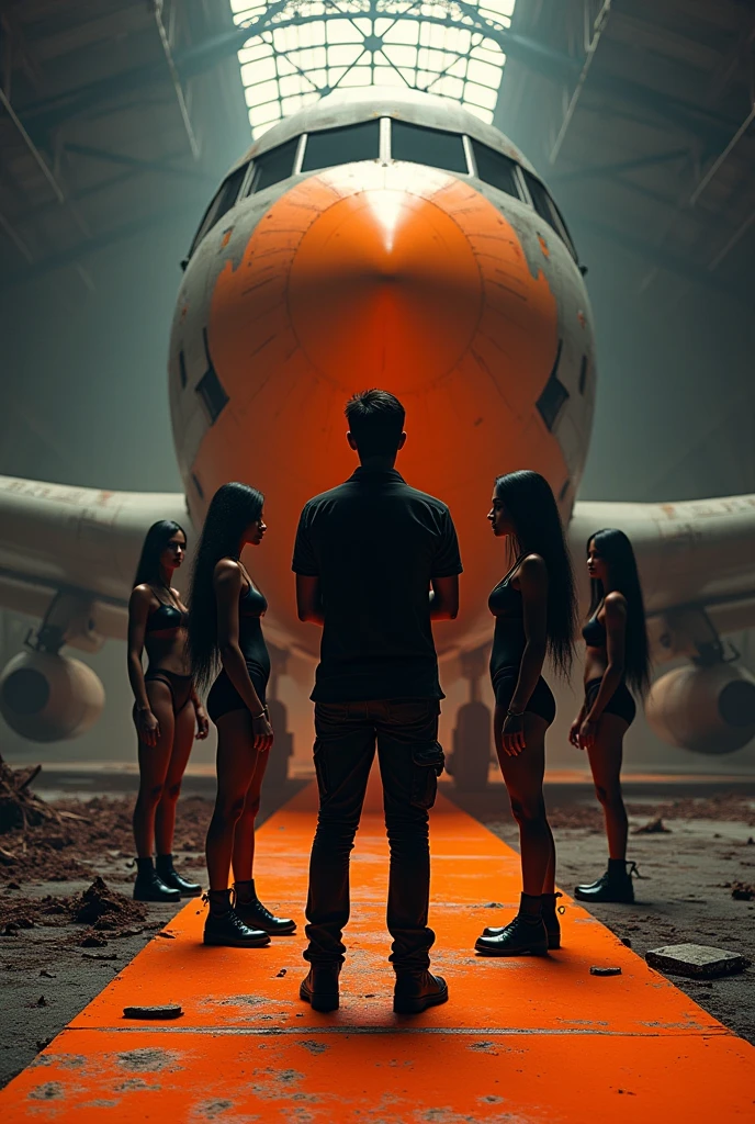 3D Style,Two-color,black,orange,Photographer and several beautiful models,factory,taller,Aircraft depot,Abandoned fighter plane