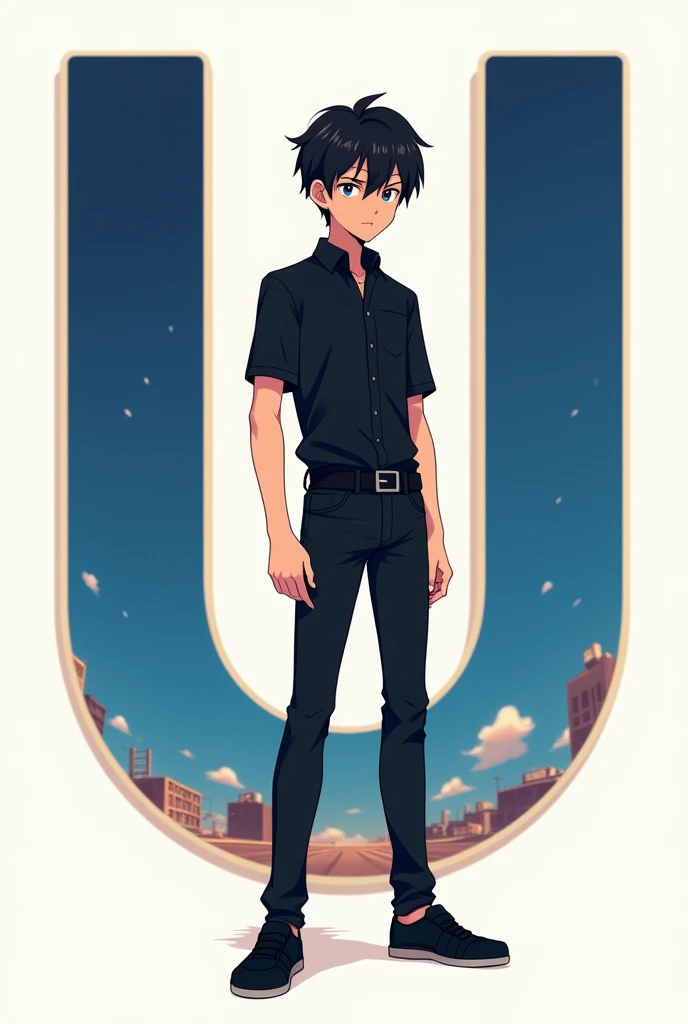 An anime boy in black shoes and clothes stand with Letter U 