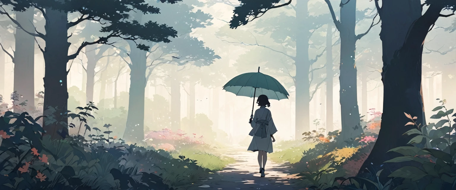 Landscape of park or forest with trees and plants shrouded in mist, silhouette of a girl walking with a colorful umbrella drawn in soft tones, expressing the relaxing feeling of a solo walk in nature, Japanese anime style