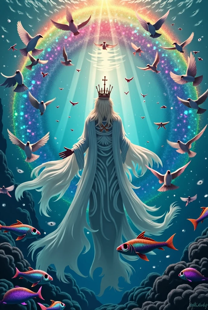 God under the sea surrounded by a bank of shiny fish covered in colored sequins and behind them all a rainbow formed by doves of all colors