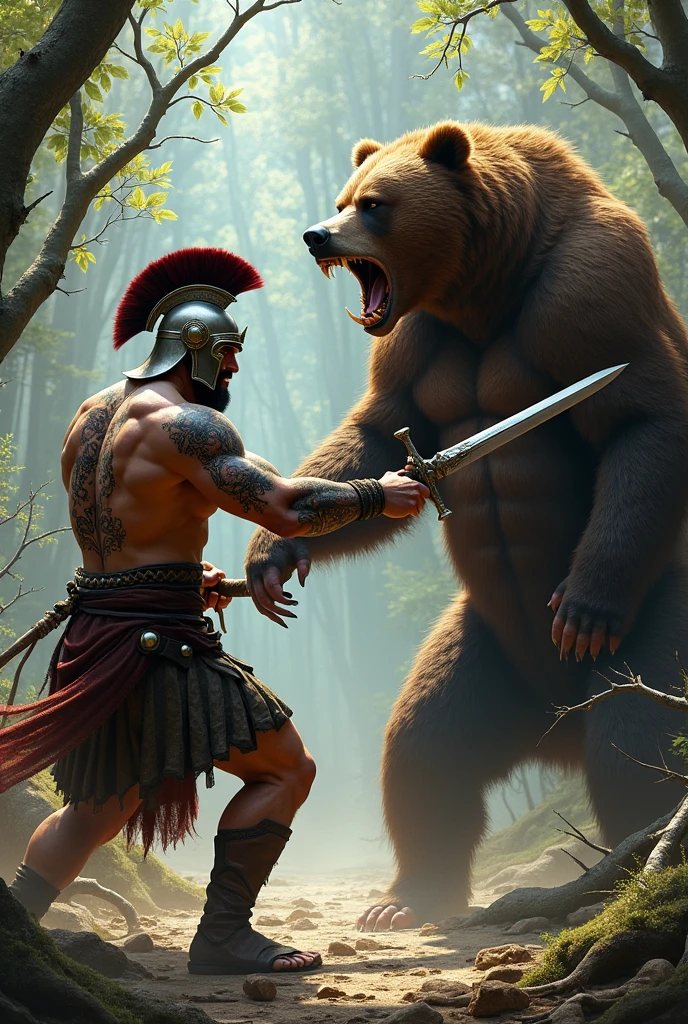 create a barbarian with a roman helmet ,with a sword in hand,fighting a wild bear,realistic tattoo style in high definition.