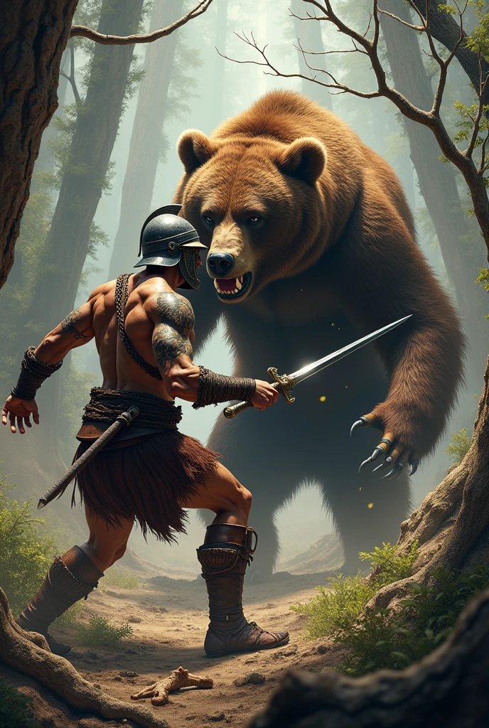 create a barbarian with a roman helmet ,with a sword in hand,fighting a wild bear,realistic tattoo style in high definition.