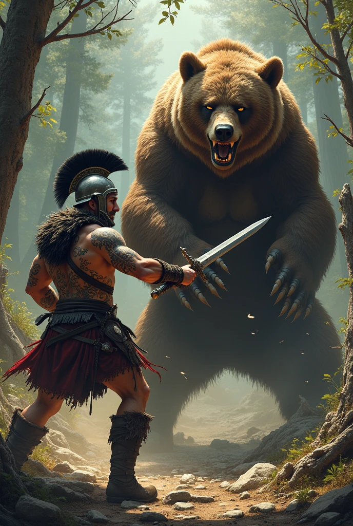 create a barbarian with a roman helmet ,with a sword in hand,fighting a wild bear,realistic tattoo style in high definition.
