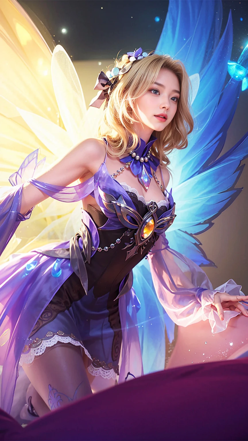 1girll, chrismast hat,(Enchanted quality:1.4),(True textured skins of the highest quality), Delicate face, Blonde hair, Gradient Hair, petite body,(perfect bodies:1.1), There is a jewel on the forehead, rimless eyewear, PUPILS SPARKLING,long eyelasher,grin, hyperphotorealism, Cinematic lighting, projected inset, surrealism, hyper HD, masutepiece, 16 K,Lie down,Dream On,Please wear clear silk pajamas,Carmelto,legs slightly open,tattooed,Fantasy space,Luxurious space, True wearing texture, magic wand texture, realistic hair texture