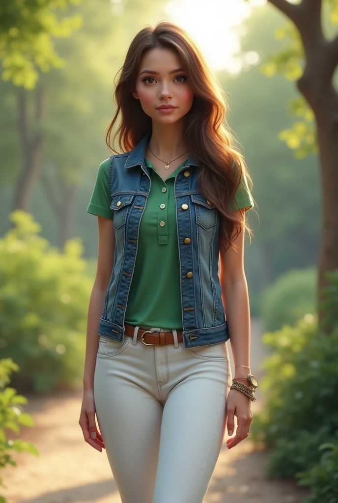 Woman in denim vest and green polo shirt underneath with white leggings