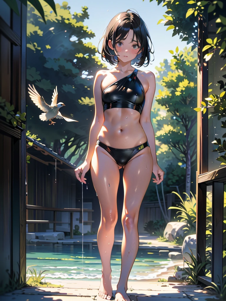 (8k, RAW Photos, 最high quality, masterpiece:1.2), High quality RAW color photos, Professional photo shoot, Cinematic Light, alone, (((young woman, gal))), (Sharp features), (Small face), (Skin with attention to detail:1.2), clavicle, Cute Face, Beautiful appearance, Long eyelashes,Girl Turning Around, (Embarrassing)、(blush)、Looking down、Worried eyebrows, (Black Hair, Long straight line), y Swimwear, fliops, Night P, Birds chirping, Anxious attitude, Capture the happy moment, Artistic painting,Attractive thighs, (Very nice touch:1.2), (Troubled expression), Peaceful atmosphere, Oil painting style, Bright colors, (Are standing:1.5, Entering the sea, Full body portrait), Smooth texture, Keep your eyes down, Beautiful Skin, Glowing Skin, ((Perfect Fingers, Five Fingers, Anatomically correct)), Background Blur, high quality, surreal, ((Very detailed, photo shoot)),(Swimming in the sea),,(((Soaking wet)))、(avert your eyes)、((View from below、Crotch close-up))、Sexy Swims、muscular、Beautiful Abs、Sexy curves、pp waist、View from below、High leg