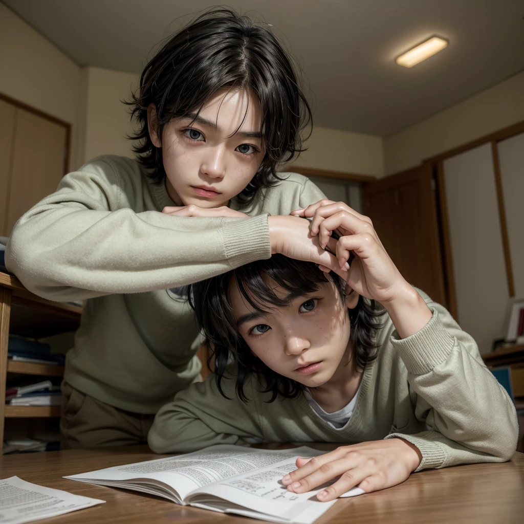 A Japanese boy with messy brown wavy hair, studying alone in his room. His eyes are a dark green color.