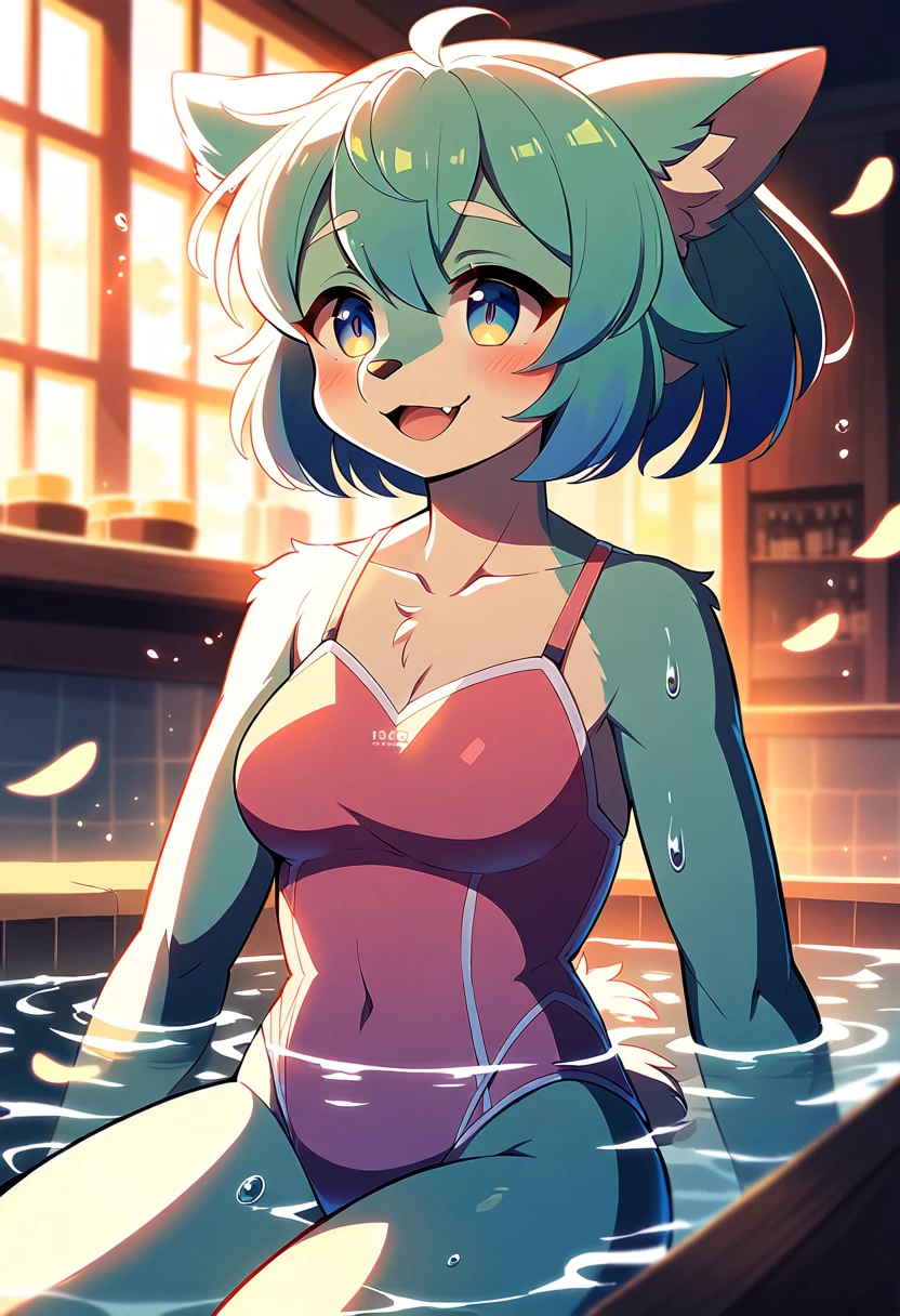 rating_safe, score_9, score_8_up, score_7_up, score_6_up, score_5_up, score_4_up, hires, highres, source_furry(1girl, Solo focus, furry anthro, kemono)bathing in water, beautiful refraction of water, Dreamy, mystical, cute swimming costume, Happy, joyful, cinematic lighting,