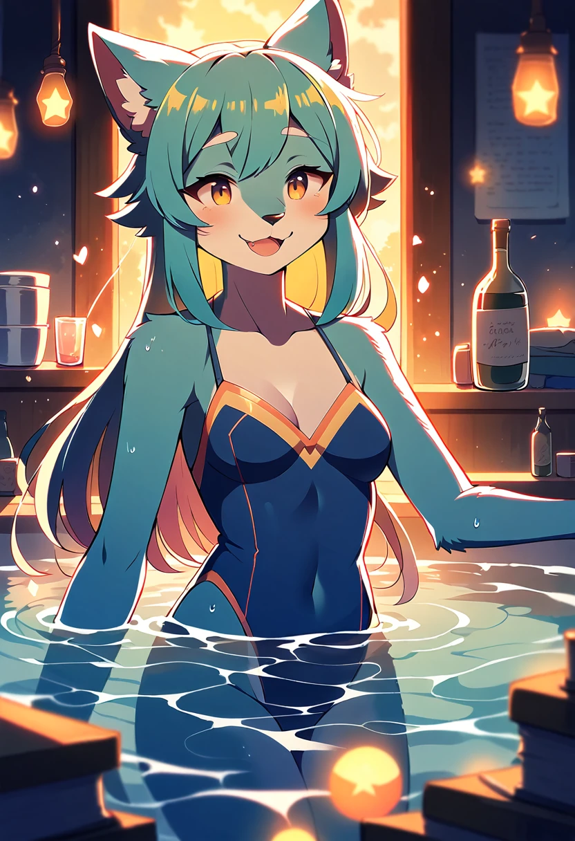 rating_safe, score_9, score_8_up, score_7_up, score_6_up, score_5_up, score_4_up, hires, highres, source_furry(1girl, Solo focus, furry anthro, kemono)bathing in water, beautiful refraction of water, Dreamy, mystical, cute swimming costume, Happy, joyful, cinematic lighting,