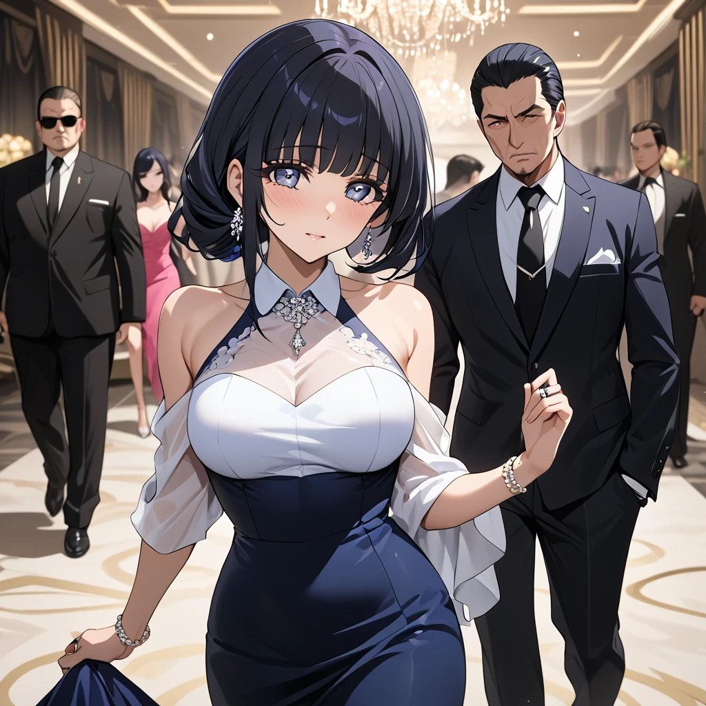 ((Highest quality)), ((masterpiece)), (detailed), （Perfect Face）、The woman is Reika Aoki, the wife of a mafia boss, with medium-long black hair and an engagement ring.、The woman is being escorted by a mafia boss at a posh party venue.