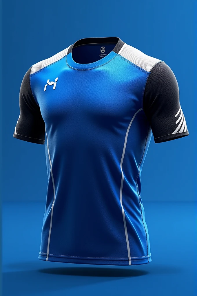 "Develop a top-level football jersey, dominated by a blue color scheme, white and black. Design must be bold and innovative, with blue as the main color, acentuado por detalhes em white and black que criem um contraste poderoso. The structure must be aerodynamic and tight, incorporating sophisticated and technically advanced standards. The result should be a piece that combines stunning aesthetics with exceptional functionality., reflecting the pinnacle of our brand in terms of excellence and style."