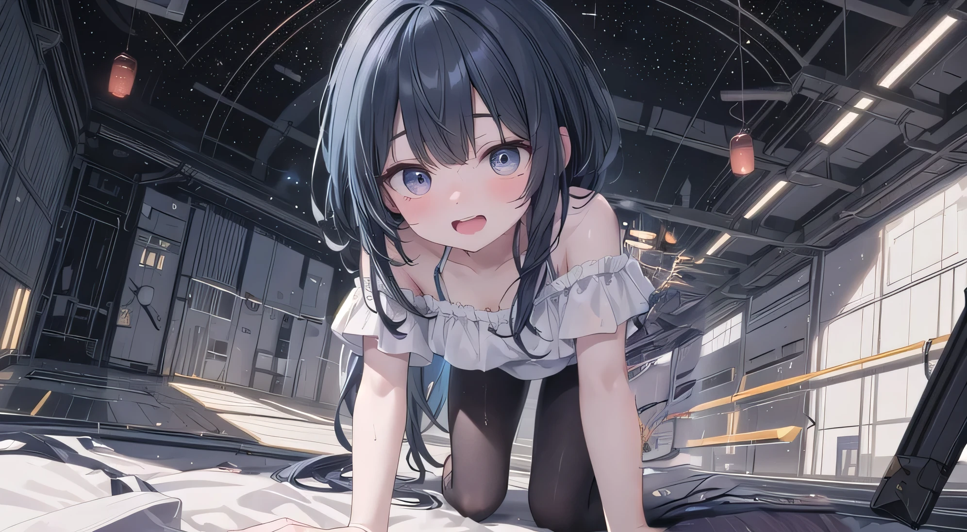 (((Highest quality))), ((masterpiece)), (detailed), Tall dark-haired adult woman, A mysterious space characterised by pale colours, Sitting on the floor, Mouth open wide and embarrassed expression, Wear an off-the-shoulder shirt, Beautiful Eyes, Beautiful whites of eyes, Quite wet skin,Angle from below, Wet mouth, Wet clothes