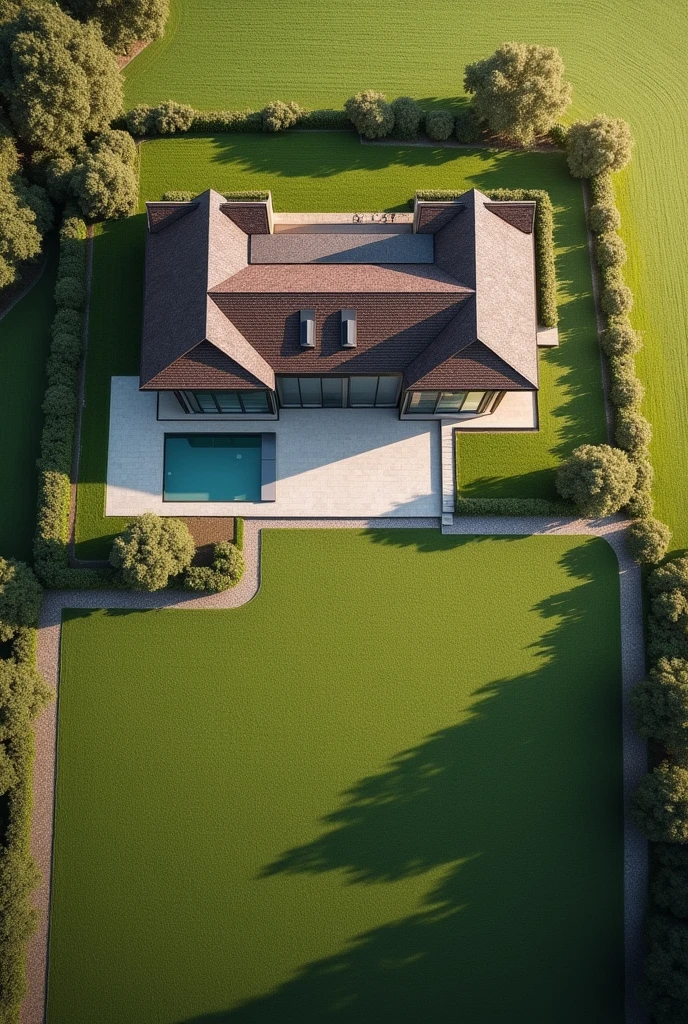 A villa on a very large plot. From a bird's eye view. With larger windows and in country style. More lawn and even larger windows. Isolated from the outside world with fewer trees and horse paddocks. Die Villa ist ein modernes country house