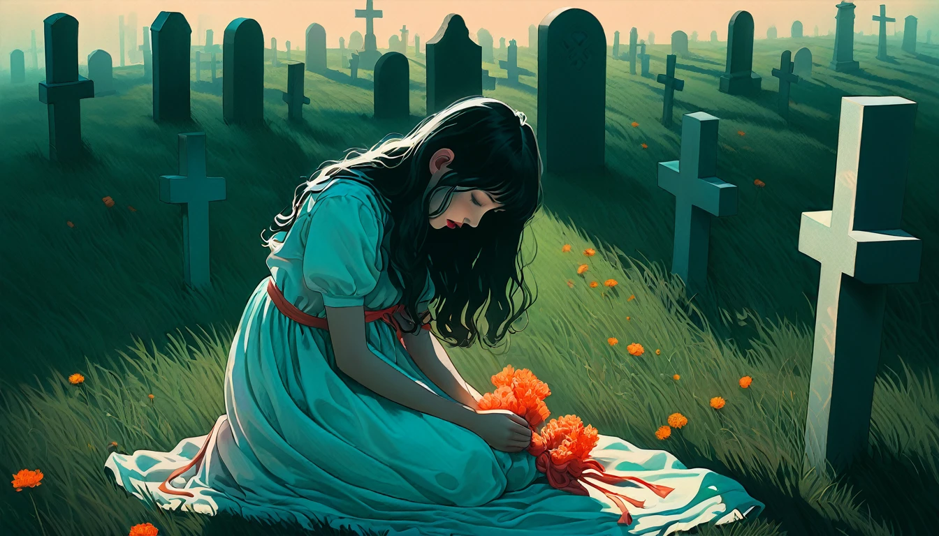 An illustration、art、Horror、Attention to detail, Realistic shadows、og Style, chromatic aberration, Surrealism、Grave、Praying Girl