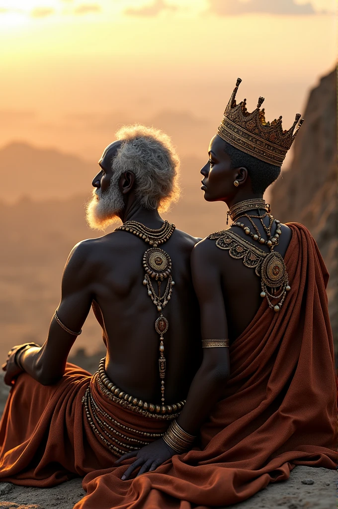 Elderly African couple with jewelry and crown sitting looking at the horizon
