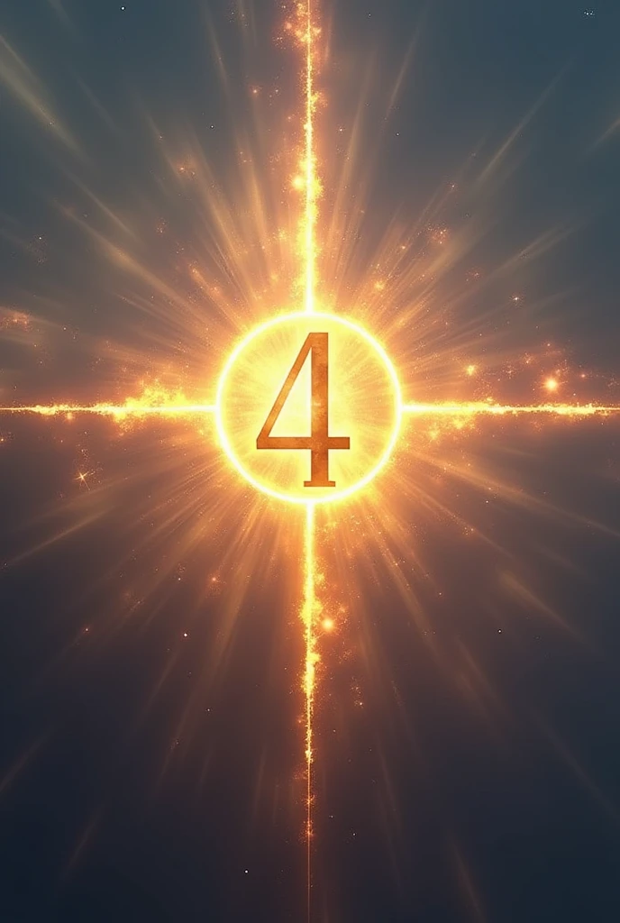 Crie uma imagem than será dividida em quatro partes iguais, than, when they are united, form a symbolic and powerful design. At the center, the number "4" must be represented with a robust and well-defined appearance, surrounded by a circle of golden light, symbolizing protection and completeness. Ao redor dthe number "4", position four important catholic symbols, like a crucifix, a chalice, a dove and a Bible, each one in one of the quadrants, forming a subtle cross when seen together. These symbols must be delicate, but clearly recognizable, com detalhes than refletem reverência e fé. The background of the image should be composed of soft shades of deep blue and purple., suggesting a sky at dusk, with rays of golden light radiating from the center, symbolizing the divine light guiding and protecting. The design must be imposing, evoking a feeling of security and spirituality when all parts are brought together.