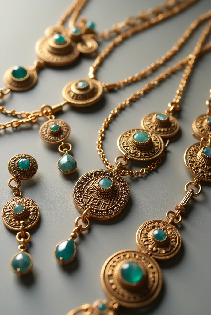 Ancient Greek necklaces and earrings visible up close