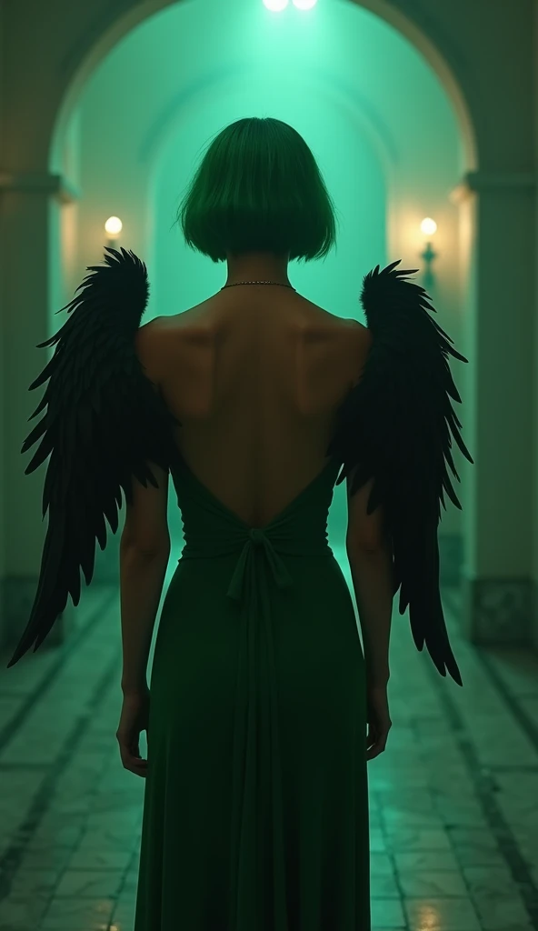 Hyperealism cinematic film still 8k highly detailed and realistic . In a mystic setting, taking style of Lilith, in the more subtle way, featuring a women,bob hair,natural big breast, anatomy perpect,full body of europian, green hair, back view, green dress with black feathered wings, outer ambience with dark light settings