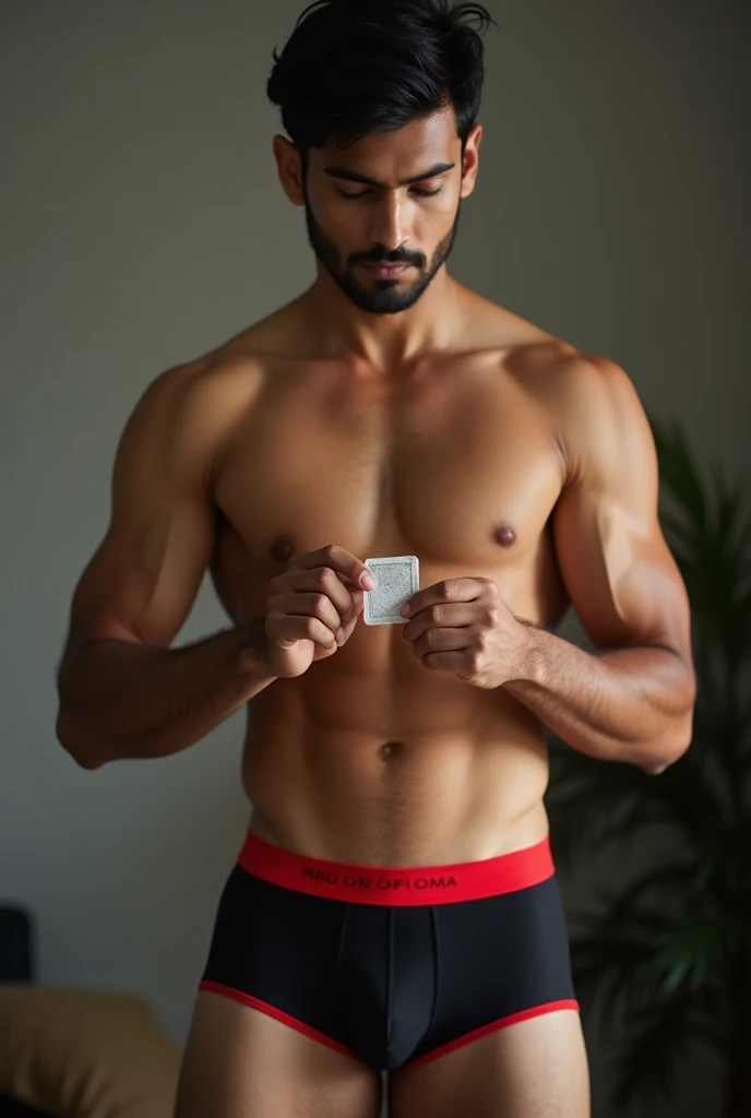 A 28 years Indian boy in black and red Lux classic company trunk underwear taking condum in trunk underwear