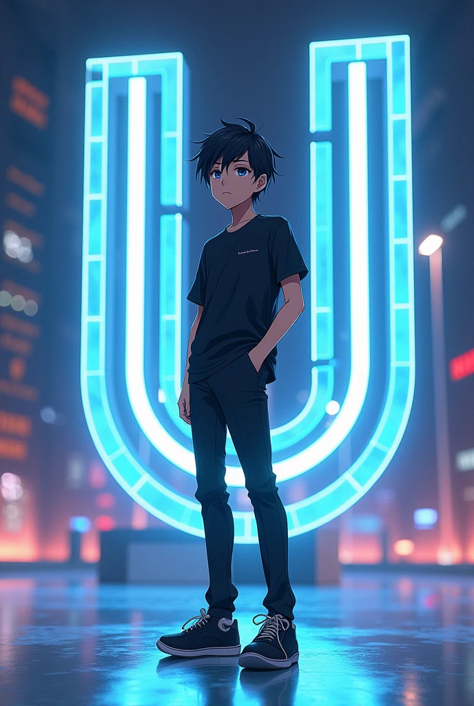 An anime boy in black shoes and clothes stand with 3d Letter U