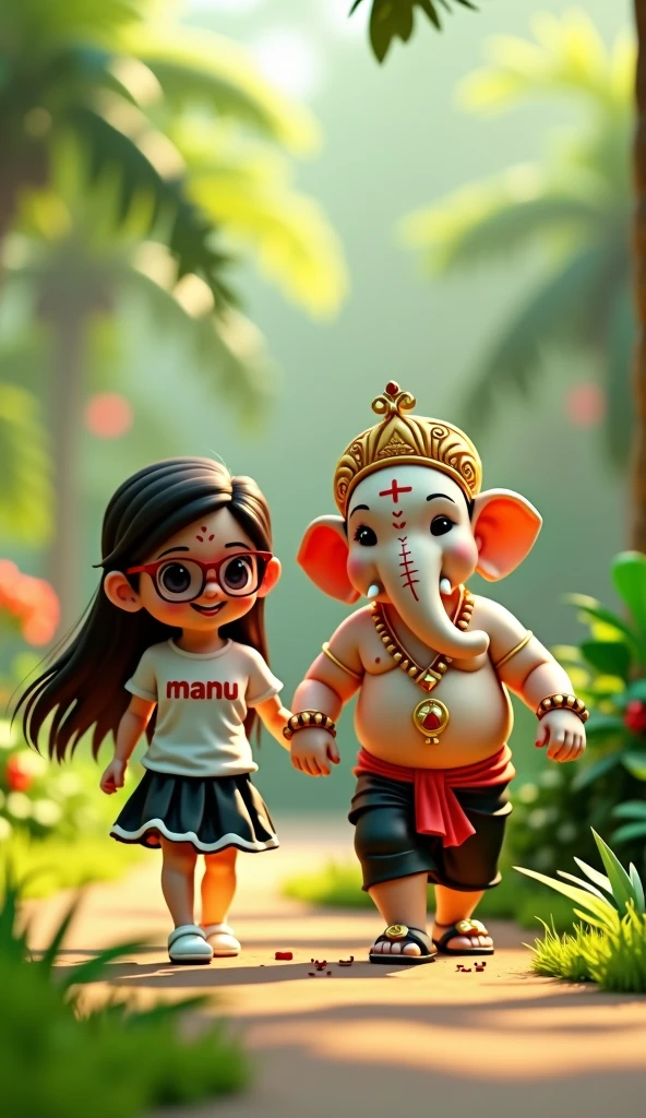 Create a 3D rendered image of a Child girl with long, flowing hair, wearing sunglasses and a white T-shirt with the name 'Manu' printed on it and Black skirt. The girl is holding hands and walking with a cute, anthropomorphic version of the Hindu deity Bal Ganesha. Ganesha is depicted with a white, slightly chubby elephant head, adorned with traditional jewelry and a crown. The background is a serene, green, garden-like environment with soft lighting, creating a warm and peaceful atmosphere.