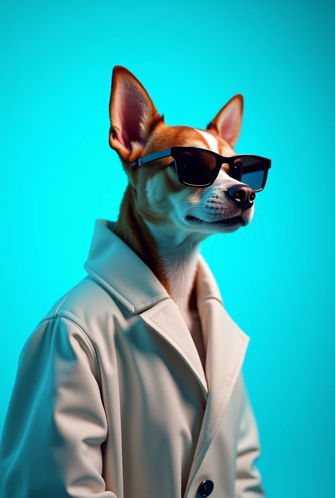 The best cell phone wallpaper, Award-Winning Wallpaper, portrait photography, In the front view is a portrait of a cute dog wearing mid-1960s space age fashion, Side view photo, Shot with Canon EOS R5, Set a strong contrast that accentuates the subject, Fluorescent blue tone, Wearing a very modern coat and sunglasses is a modern 1960s style, Clothes all in one color, beautiful background