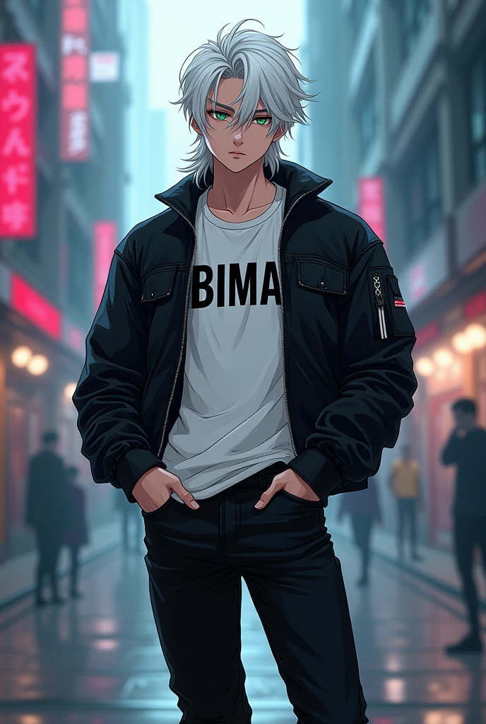 Erkek cocuk, pele caucasiana, 17 year, White hair, wearing black jeans, wearing black boots, White T-Shirt and her name 'BIMA' has written on that with black aviator jacket, greeneyes,curved body, cocked ass, cyberpunk atmosphere, Raby, アニメ, Mullet, upper body, Anime Style,Two Side Up, 