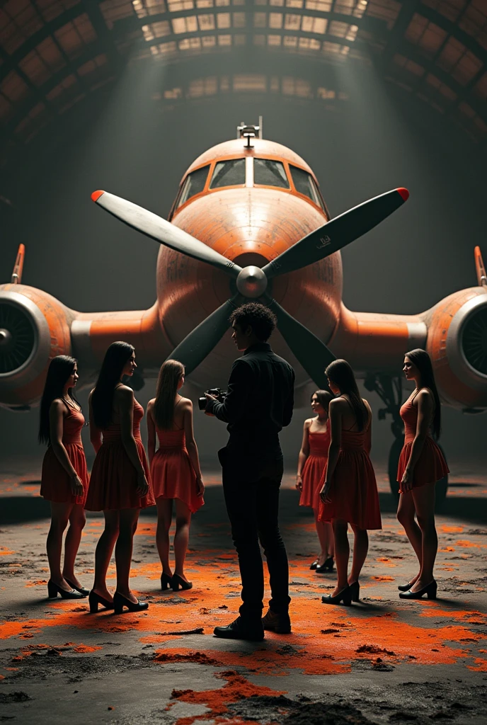 3D Style,Two-color,black,orange,Photographer and several beautiful models,factory,taller,Aircraft depot,Abandoned fighter plane