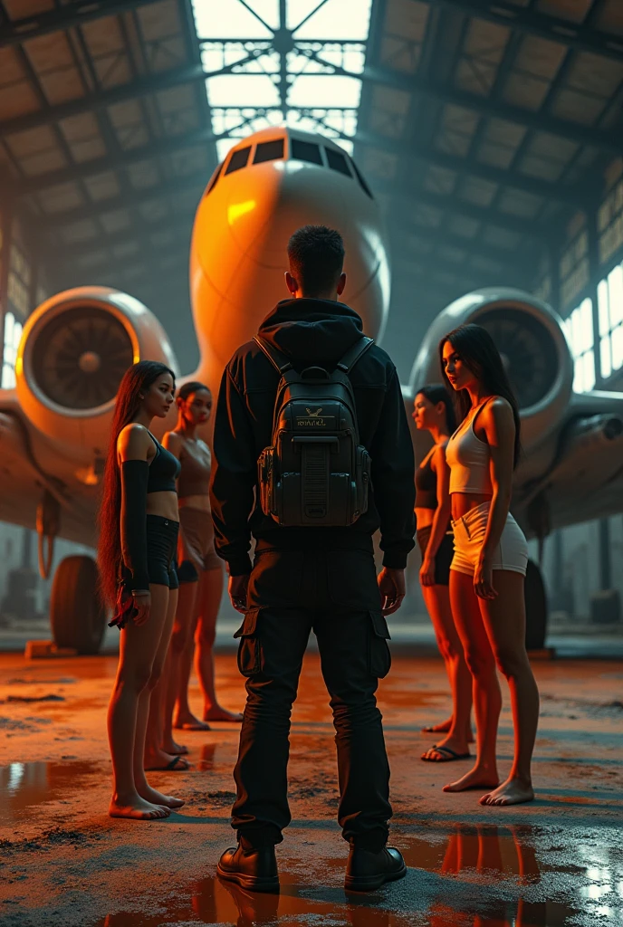 3D Style,Two-color,black,orange,Photographer and several beautiful models,factory,taller,Aircraft depot,Abandoned fighter plane