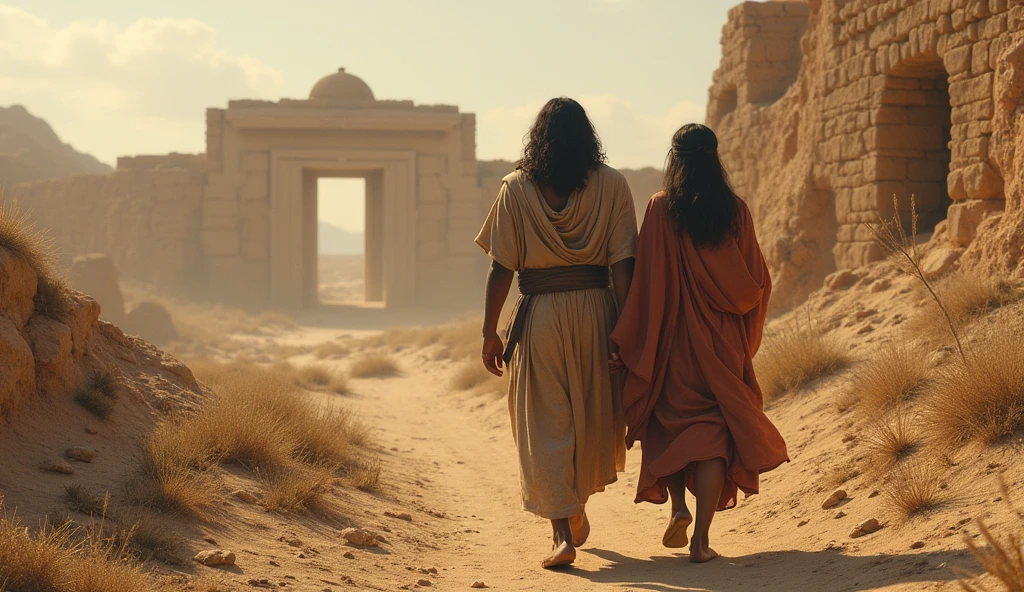 A realistic biblical scene set in the desolate, barren land of Nod, where Caim and his wife live as fugitives. The landscape is harsh and unwelcoming, with dry, cracked earth and sparse vegetation. Cain, burdened by the weight of Abel's murder, walks alongside his wife. Their faces show signs of weariness and determination, reflecting the challenges they face together. In the background, the beginnings of the city of Enoch can be seen, with partially built stone structures symbolizing their effort to create a new life.