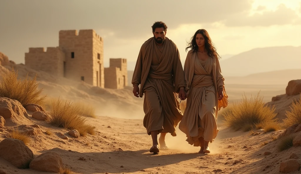 A realistic biblical scene set in the desolate, barren land of Nod, where Caim and his wife live as fugitives. The landscape is harsh and unwelcoming, with dry, cracked earth and sparse vegetation. Cain, burdened by the weight of Abel's murder, walks alongside his wife. Their faces show signs of weariness and determination, reflecting the challenges they face together. In the background, the beginnings of the city of Enoch can be seen, with partially built stone structures symbolizing their effort to create a new life.