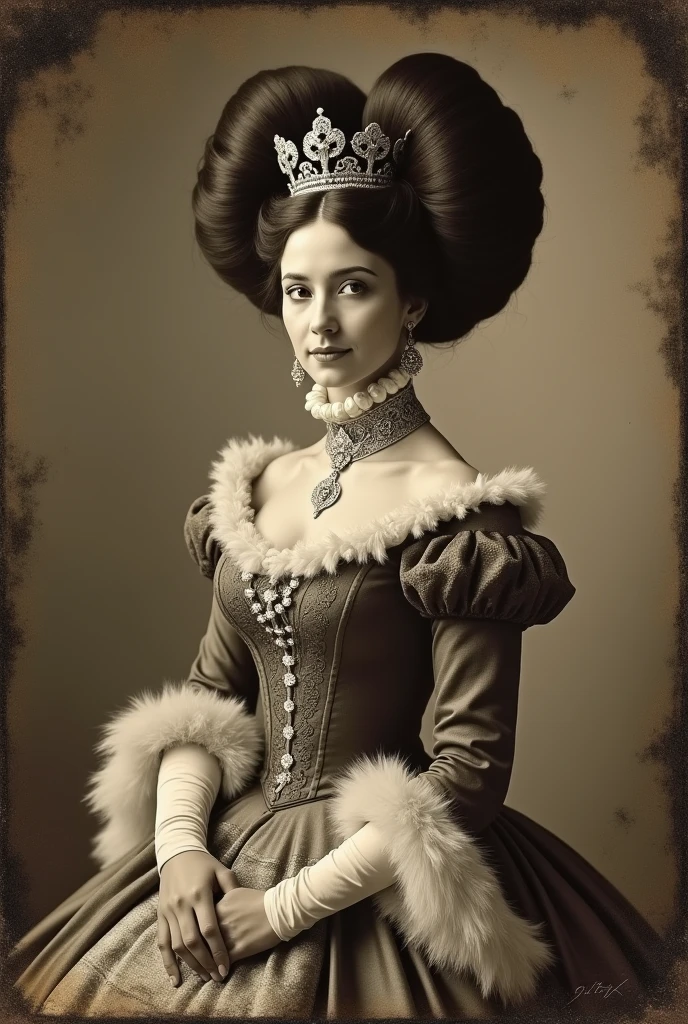 VeronicaCipher studio portrait, Victorian Woman, Wearing a high-collared Victorian gown,huge hairbun , ((huge boobs:1.6)),((very big hair Bun)),((the size of hair Bun is 6 time size of her head)),((round hairbun)), satin, Jacquard, 1800s, analog, granular, Dust, scratch, Blurred, Daguerreo Type, Gelatin Silver, Collodion_photograph, Sepia realis,smile ,crown on hair,vintage Picture frame