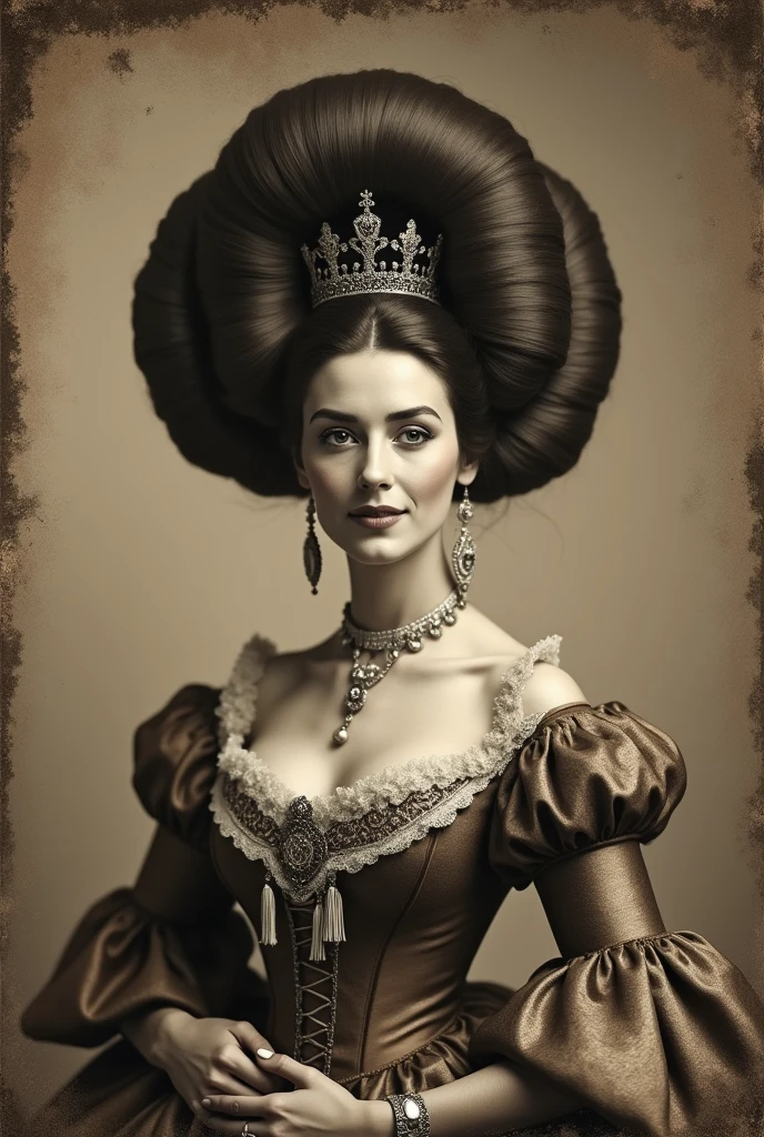 VeronicaCipher studio portrait, Victorian Woman, Wearing a high-collared Victorian gown,huge hairbun , ((huge boobs:1.6)),((very big hair Bun)),((the size of hair Bun is 6 time size of her head)),((round hairbun)), satin, Jacquard, 1800s, analog, granular, Dust, scratch, Blurred, Daguerreo Type, Gelatin Silver, Collodion_photograph, Sepia realis,smile ,crown on hair,vintage Picture frame
