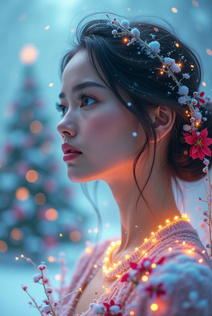 (tmasterpiece,Best quality,Rainbow style), double exposure, 1 Beautiful woman, (There are beautiful big snowflakes falling:1.5),Christmas tree, snowflower, snowy night, Cool, As estrelas, Poinsettia,