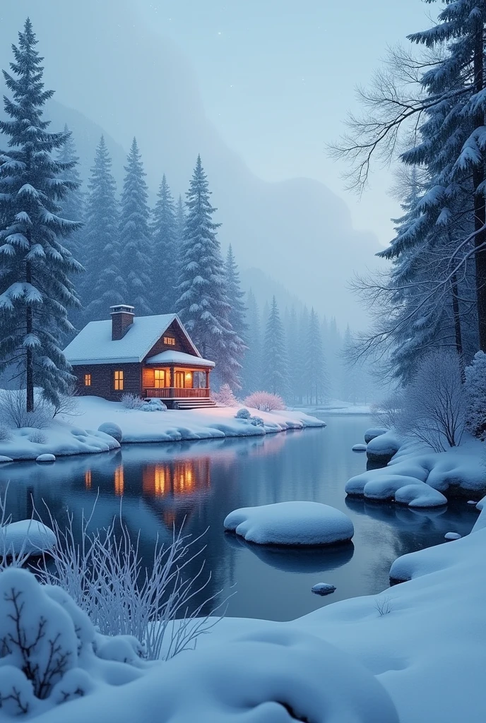 Secluded house snowing with a lake
