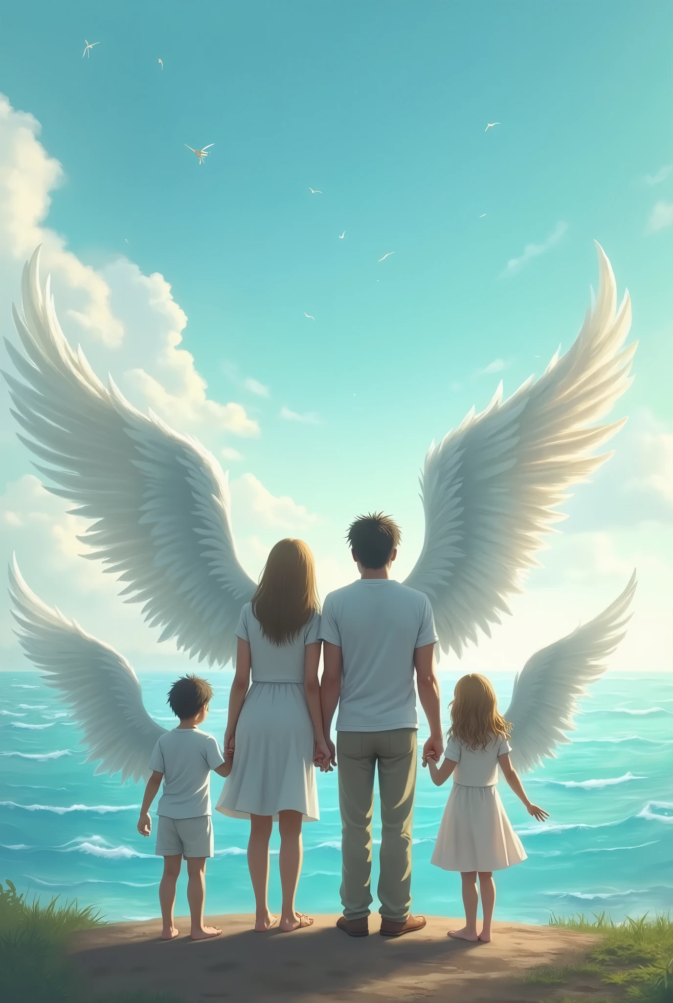 Father, mother, son, daughter, son, son  facing the sea in wings