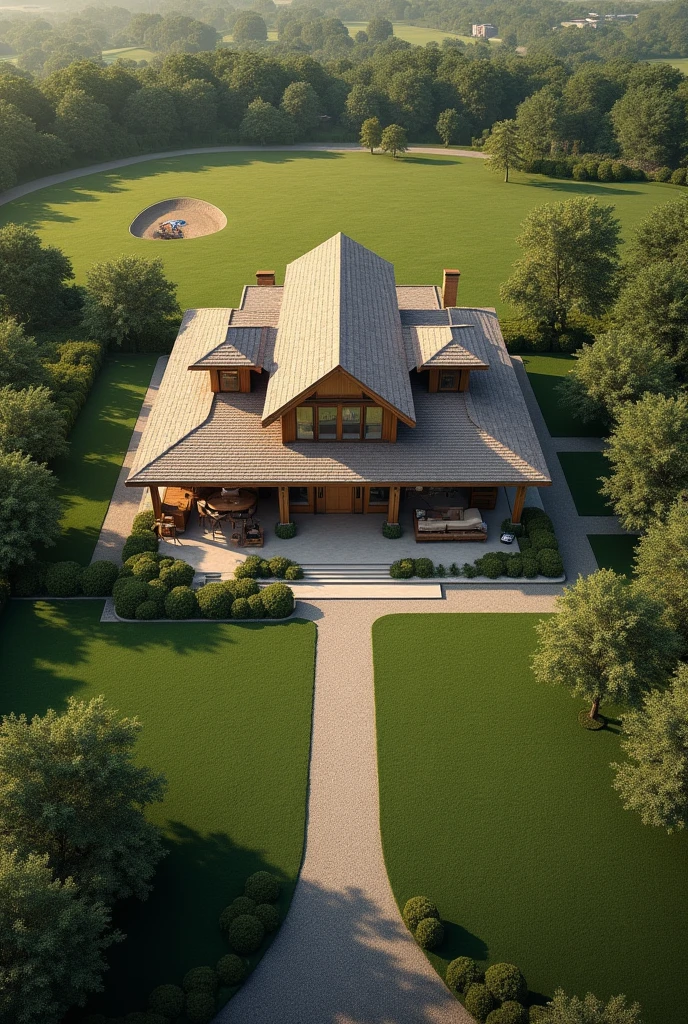 A villa on a very large plot. From a bird&#39;s eye view. With larger windows and in country style. More lawn and even larger windows. Isolated from the outside world with fewer trees and horse paddocks. Die Villa ist ein modernes country house 