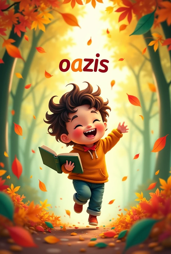 In the center, a charming child is running while holding a book. The child looks happy and is smiling. Around them, colorful leaves are flying in the air, swirling and creating a vibrant atmosphere. The leaves could be various colors like green, yellow, red, and dark green, adding a lively and playful touch to the scene.
In the center, OAZIS is written