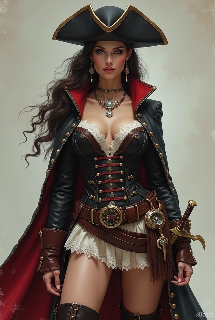 Pirate royalty woman, not sensual Face, clear skin, dark eyes.
outfit, short dress, with cheeks, lace details, leather corset, long boots.
Accessories, pearl necklace, pendant, form, compass, belt with sword.
Attitude, elegant, Posture, Raised.
Whole body.