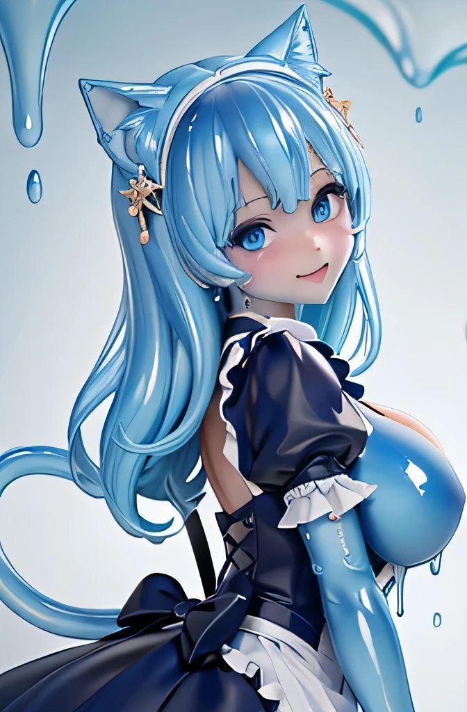  ((masterpiece,best quality,ultra-delicate,Perfect Face,16k,high resolution,very beautiful girl)),blue slime girl:1.3,high viscosity slime body,,cat ears,large breasts,,smile,,standing,blue slimy caves,maid dress:1.5