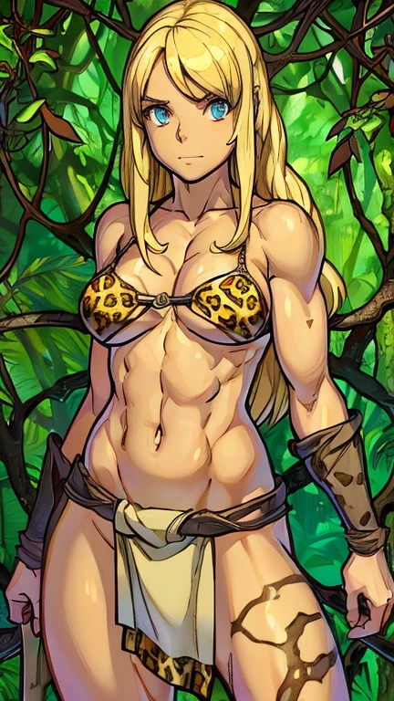 (1girl, shantsd2023), (extremely detailed CG unit 8k wallpaper),(master part), (best quality), (ultra detail), (best illustration),(StudioGhibliStyleHMC), cowboy shot, (Sharp eyeliner, ombre, detailed eyes:1), jungle, vines, ArsMJStyle, Art Nouveau background, break , standing, upper body, loincloth, leopard print, long hair, blonde, toned,