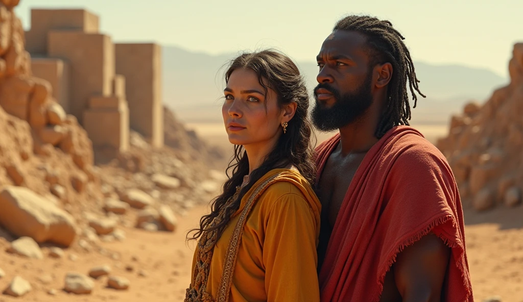 A vivid and detailed depiction of the wife of Cain in the land of Nod, an arid and inhospitable environment. The image captures the couple in a moment of unity despite the overwhelming challenges. Cain carries the burden of his crime, with a solemn expression, while his wife stands by him, embodying strength and resilience. The city of Enoch is under construction in the distance, with large stones being laid, symbolizing their determination to rebuild their lives and create a new beginning for their descendants.