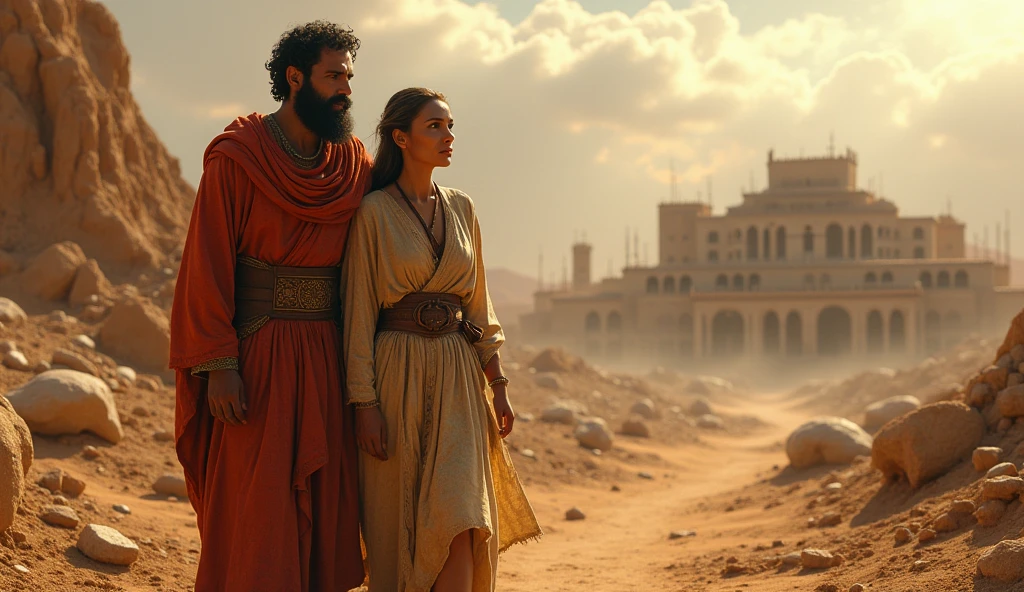 A vivid and detailed depiction of the wife of Cain in the land of Nod, an arid and inhospitable environment. The image captures the couple in a moment of unity despite the overwhelming challenges. Cain carries the burden of his crime, with a solemn expression, while his wife stands by him, embodying strength and resilience. The city of Enoch is under construction in the distance, with large stones being laid, symbolizing their determination to rebuild their lives and create a new beginning for their descendants.