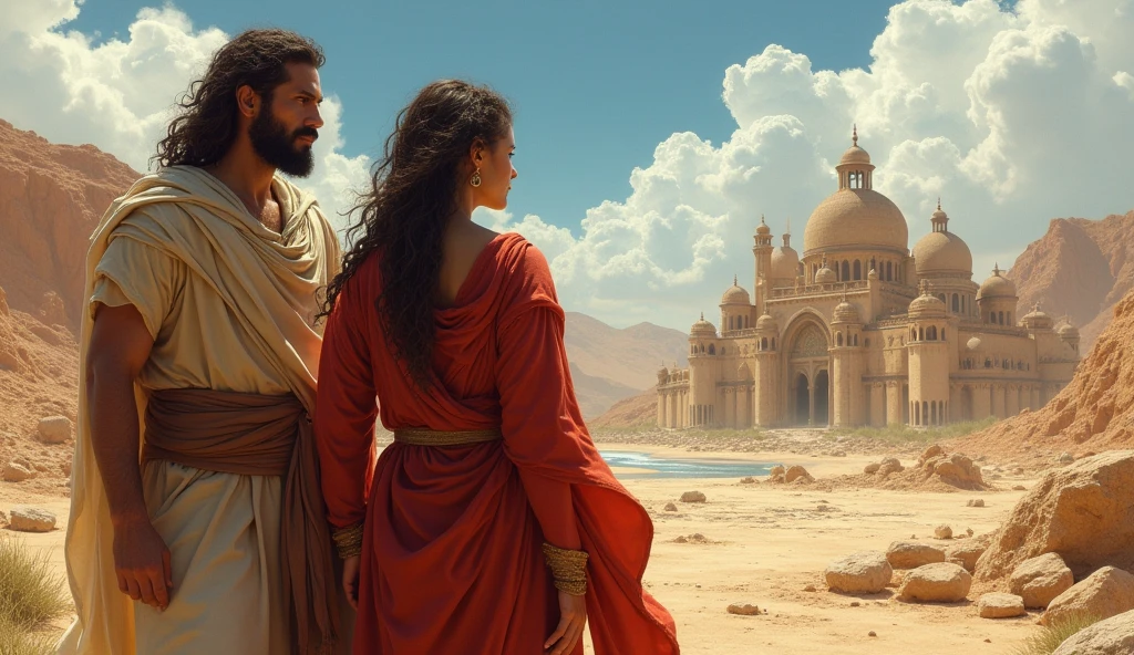 A vivid and detailed depiction of the wife of Cain in the land of Nod, an arid and inhospitable environment. The image captures the couple in a moment of unity despite the overwhelming challenges. Cain carries the burden of his crime, with a solemn expression, while his wife stands by him, embodying strength and resilience. The city of Enoch is under construction in the distance, with large stones being laid, symbolizing their determination to rebuild their lives and create a new beginning for their descendants.