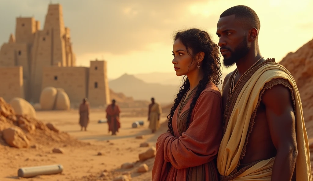 A vivid and detailed depiction of the wife of Cain in the land of Nod, an arid and inhospitable environment. The image captures the couple in a moment of unity despite the overwhelming challenges. Cain carries the burden of his crime, with a solemn expression, while his wife stands by him, embodying strength and resilience. The city of Enoch is under construction in the distance, with large stones being laid, symbolizing their determination to rebuild their lives and create a new beginning for their descendants.