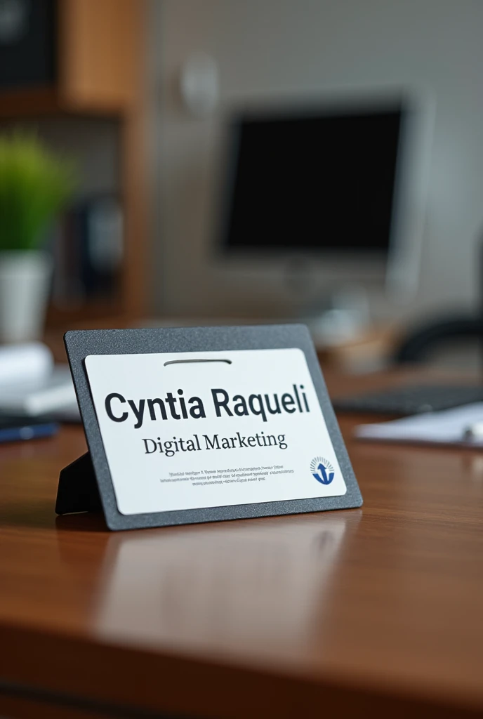 Create a badge on the table with the name Cyntia Raquel and the profession digital marketing with a focus on the professional badge in an office