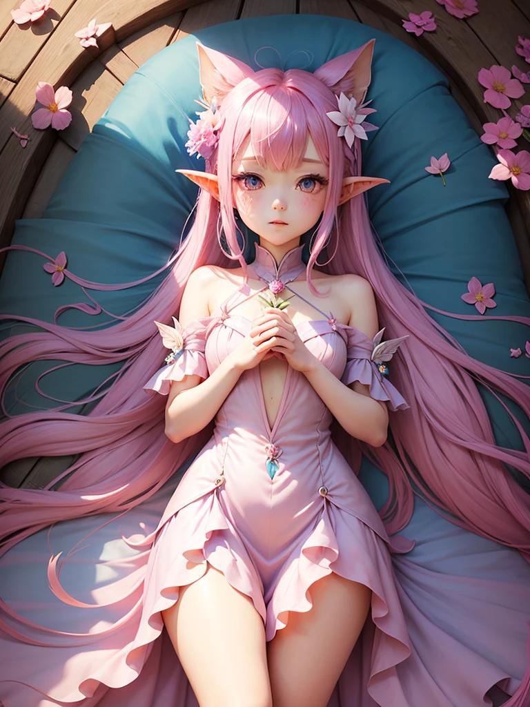 cute little Fairy, blue erfly, pinkl hair, pink eyes, pink dress pointy ears dress made of petals leaves微笑む, Very long hair, Long pointed ears, flower、leaf、 Dragon Horn, leafのヘアアクセサリー, 