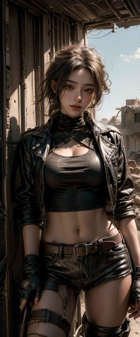 ((masterpiece, highest quality, Highest image quality, High resolution, photorealistic, Raw photo, 8K)), ((Extremely detailed CG unified 8k wallpaper)), Post-Apocalyptic Wasteland, The world of Mad Max, she wears a leather jacket over his bare skin and holds a shotgun, adderskin eye patch, Collapsed buildings are being swallowed by the desert, Ruins hazed with dust and sand,
