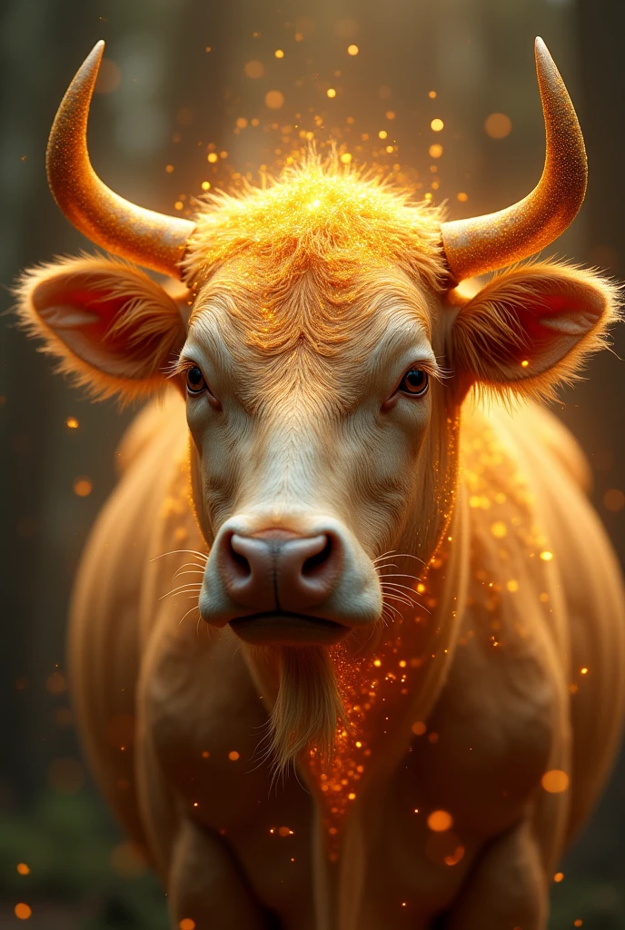 ox,Fantastic fantasy,Glowing in gold,Moody Color,Golden glitter background,Close-up of face,Photos with animals filling the entire screen in front of the image